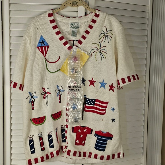 NWT The Quacker Factory Womens USA July 4th Short Sleeve Cardigan Sweater Large - Picture 1 of 4